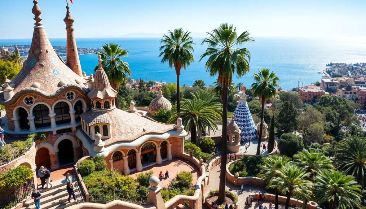Colorful Park Güell in Barcelona with Mediterranean view, Spain