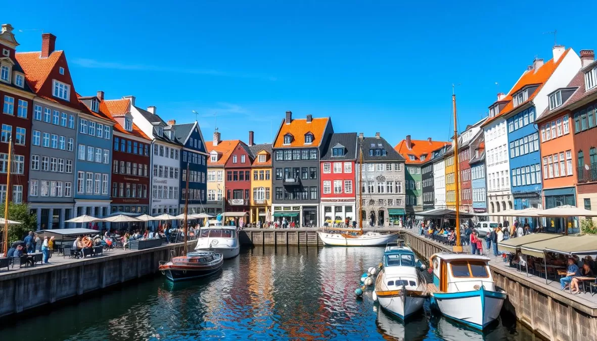 Colorful buildings along Nyhavn canal in Copenhagen, Denmark