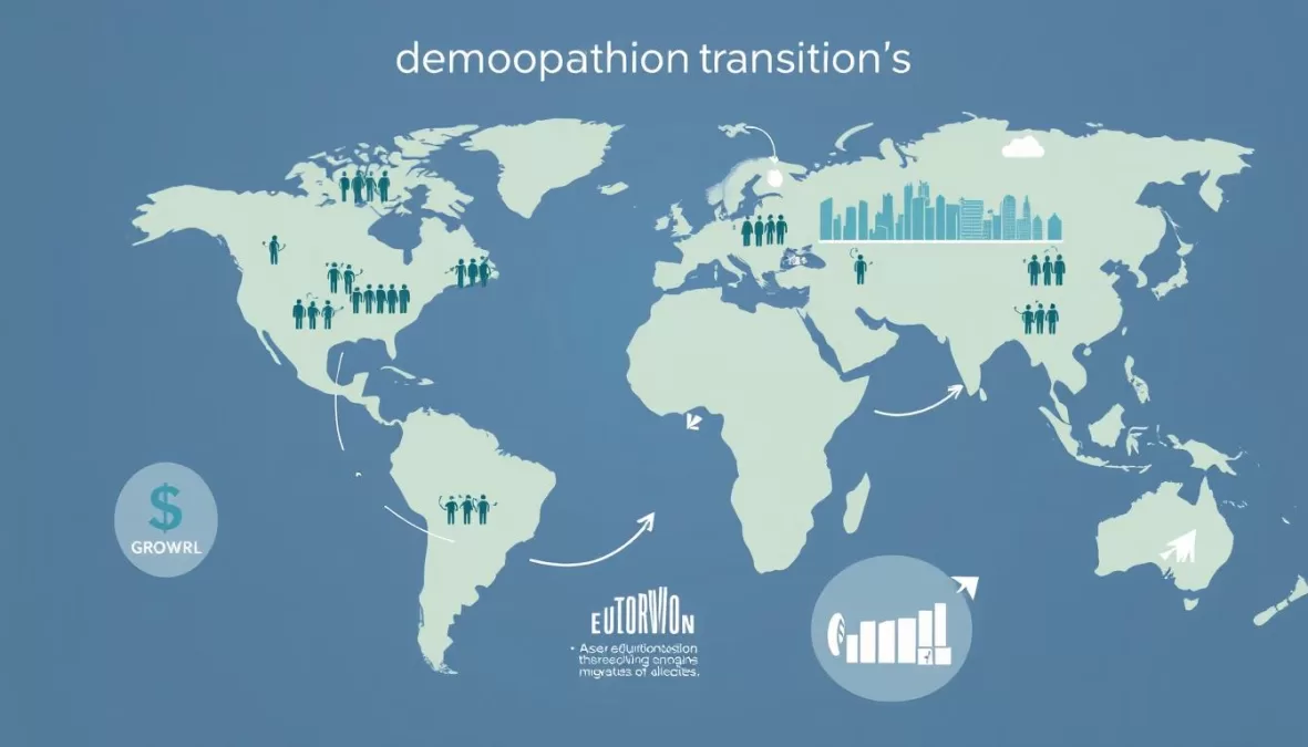 Conceptual image showing global demographic transition and its economic impacts