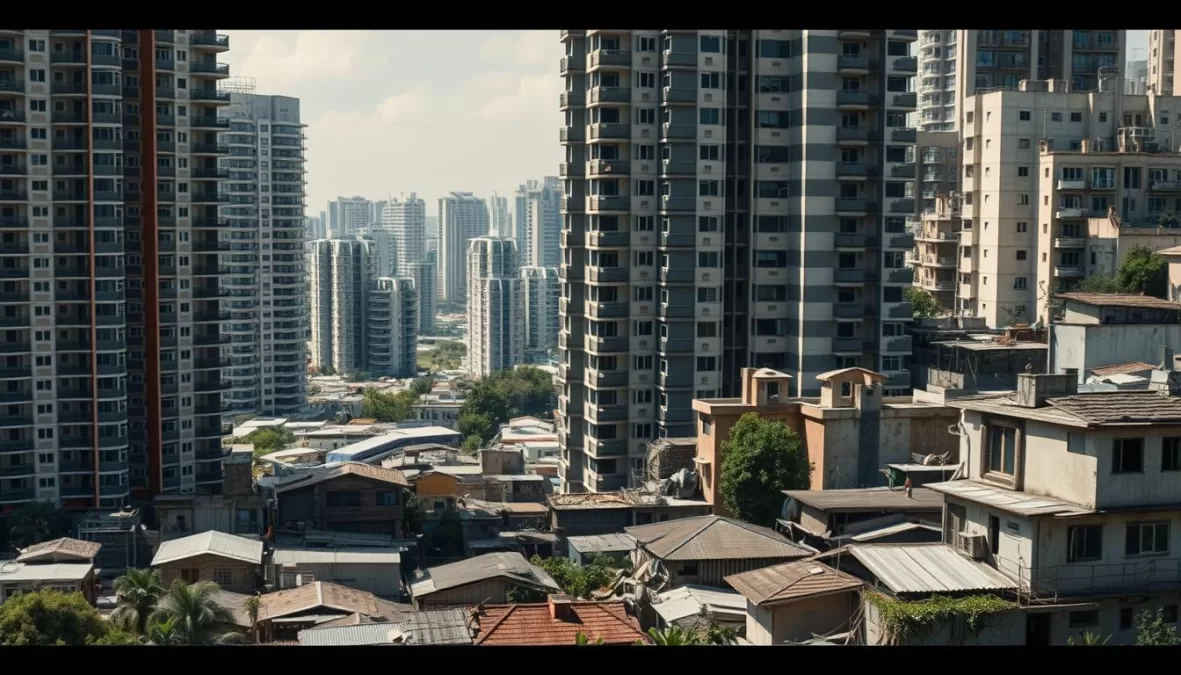 Contrast between wealthy and poor neighborhoods in a dangerous city showing inequality