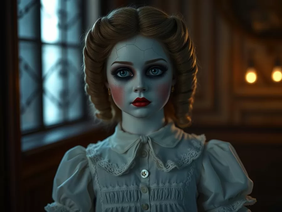 Cracked Porcelain Doll costume with pale makeup and Victorian dress