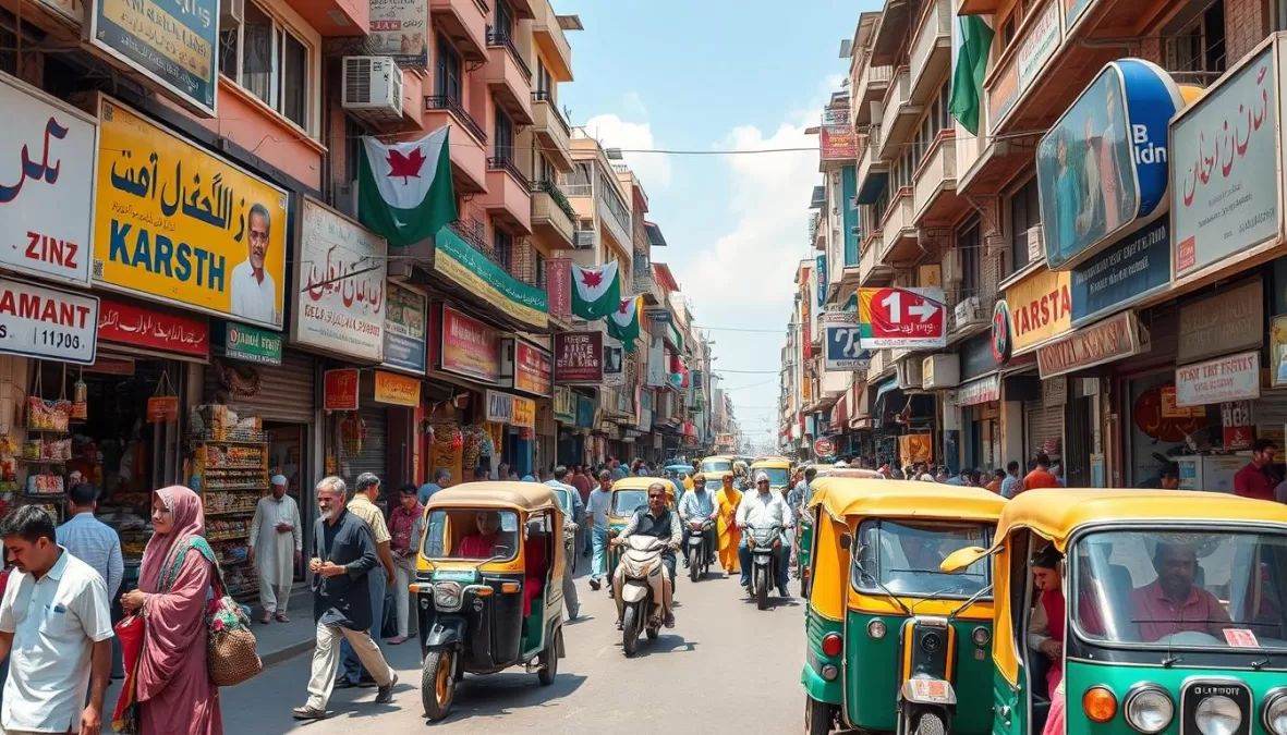 Crowded street scene in Karachi, Pakistan illustrating the country's high population density