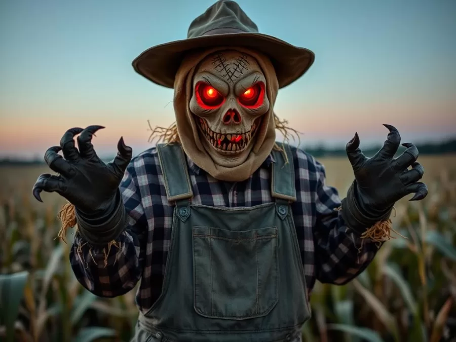 Demonic Scarecrow costume with burlap mask and tattered farm clothes