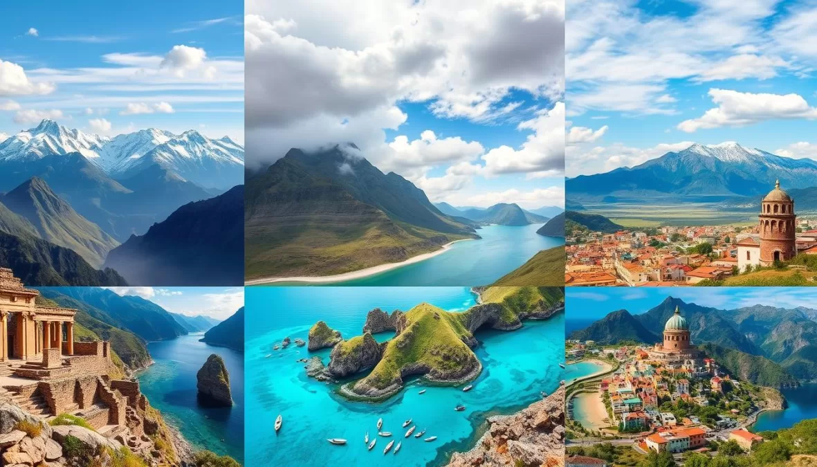 Diverse global landscapes showing mountains, beaches, and cultural sites