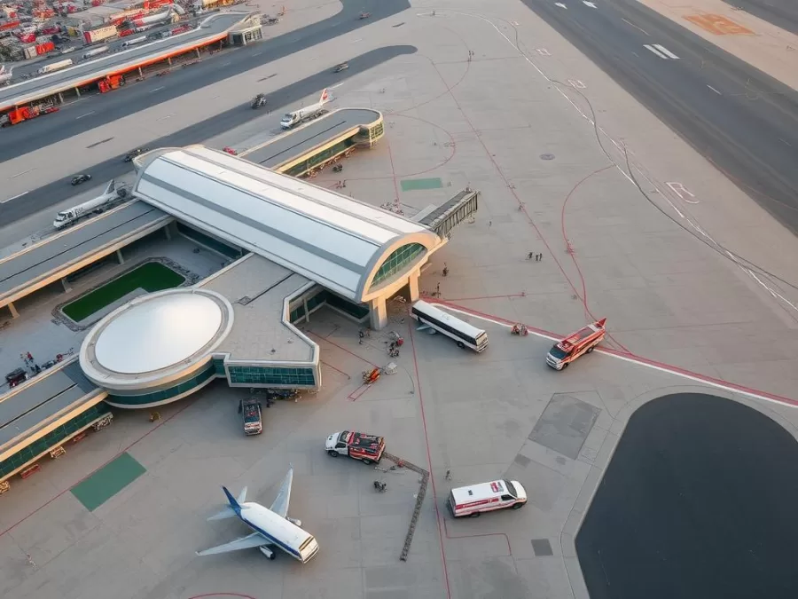 Dubai International Airport tarmac with emergency response vehicles
