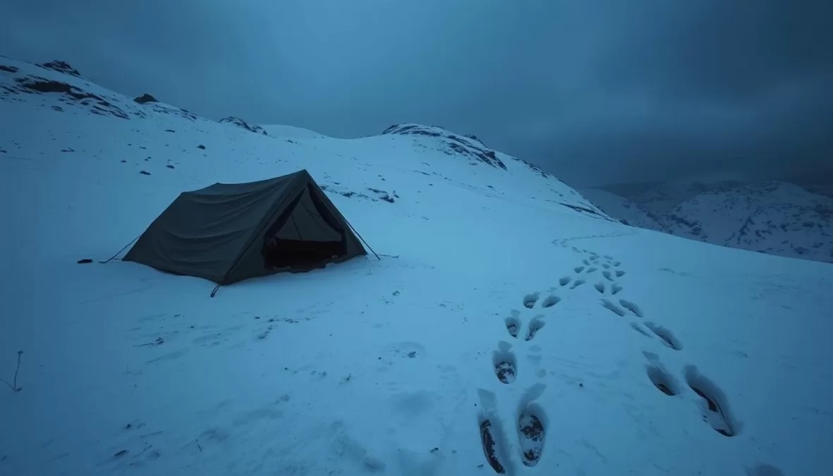Dyatlov Pass Incident site showing abandoned tent and footprints in snow