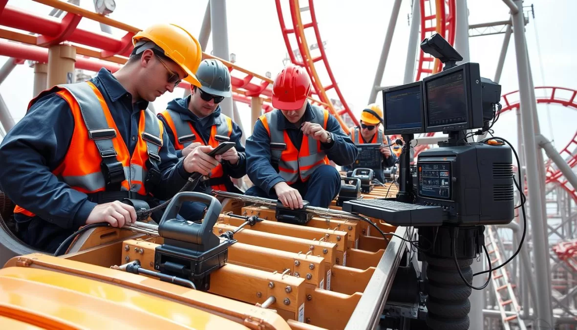 Engineers testing safety systems on a modern roller coaster