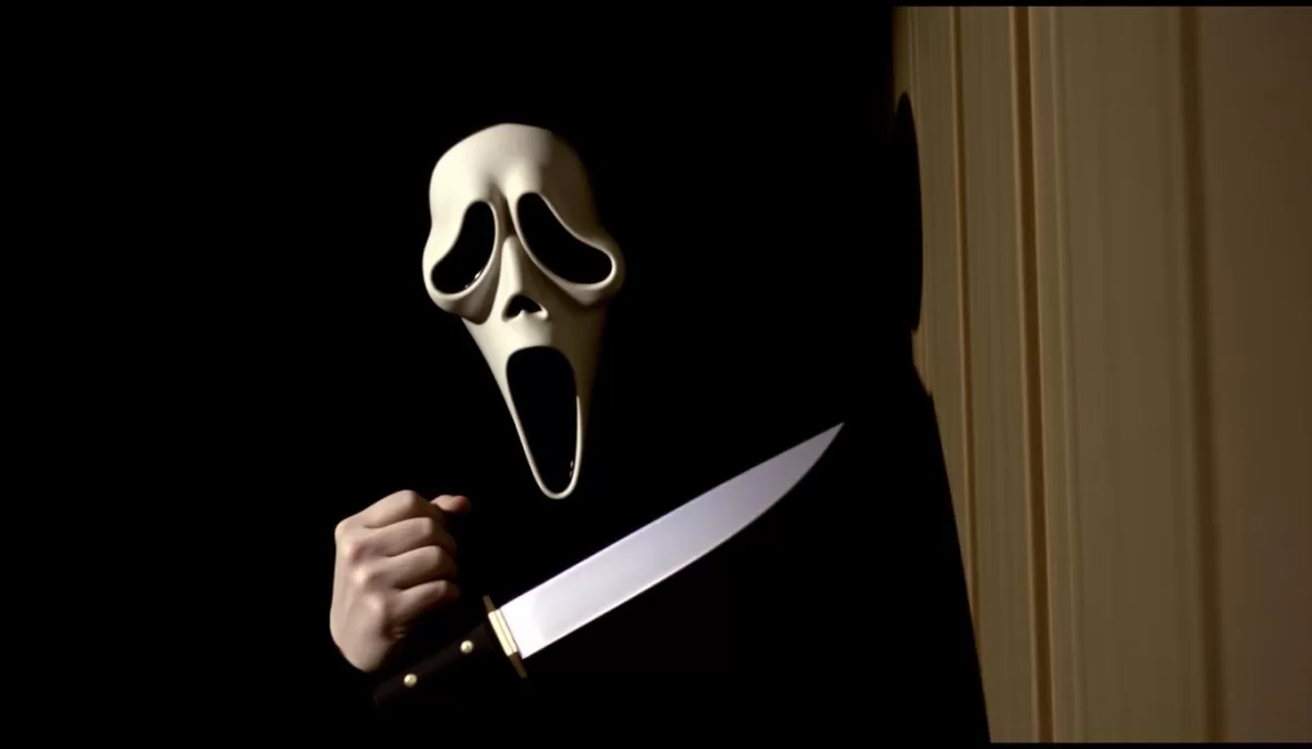 Ghostface killer from Scream holding a knife against a dark background