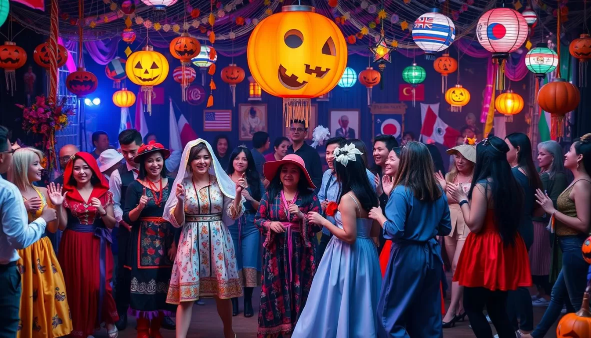 Global Halloween celebration with diverse cultural elements and top 10 halloween songs 2025 playing