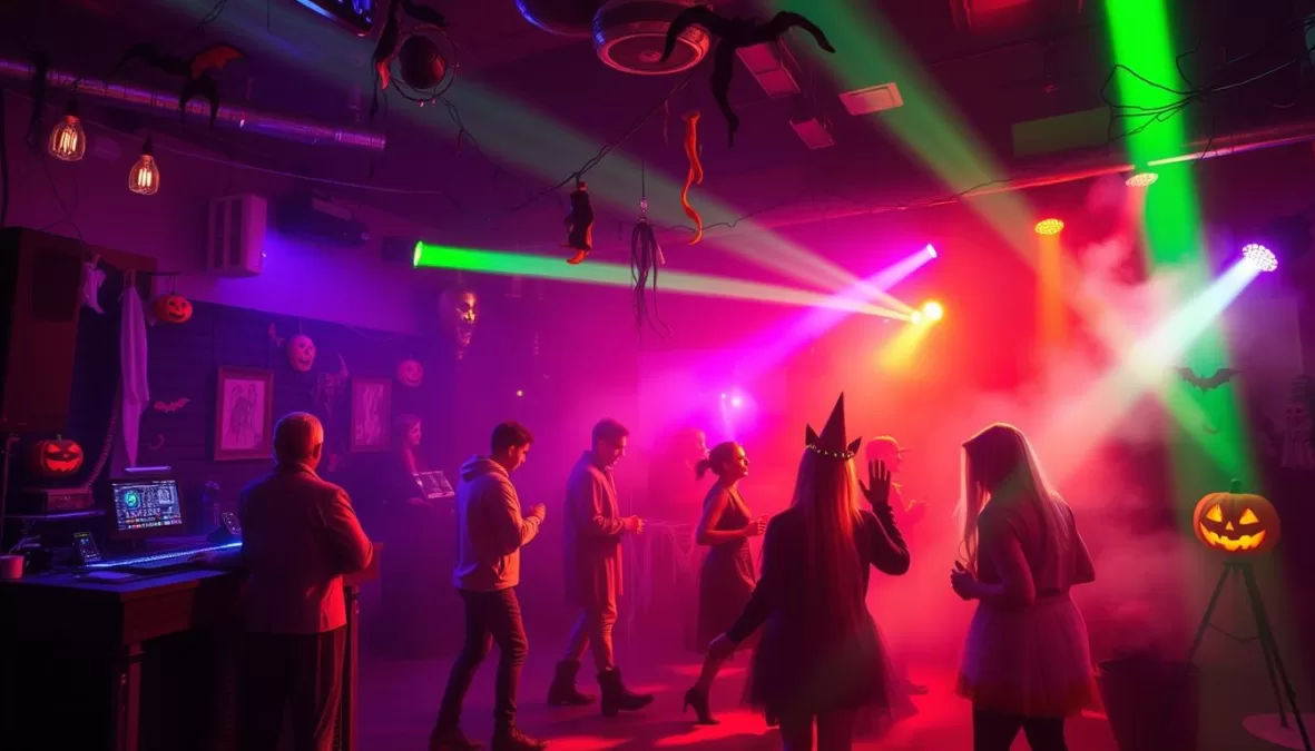 Halloween party with spooky decorations and a DJ playing top 10 halloween songs 2025