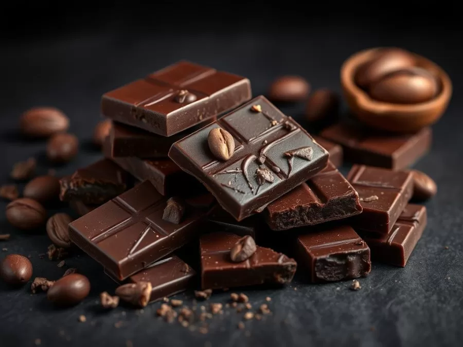 High-quality dark chocolate pieces with cacao beans, one of the top 10 most nutritious foods in the world rich in antioxidants