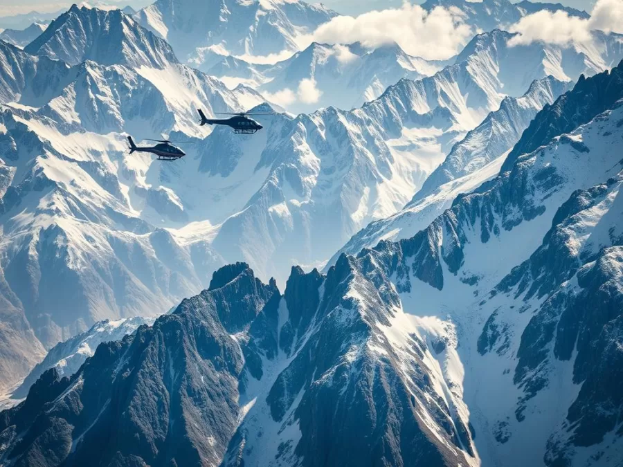 Himalayan mountain rescue operation with helicopters searching for crashed plane