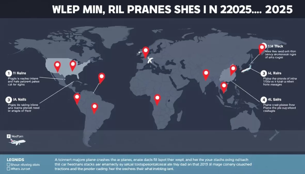 Infographic showing map with locations of top 10 plane crashes in the world 2025 marked with pins
