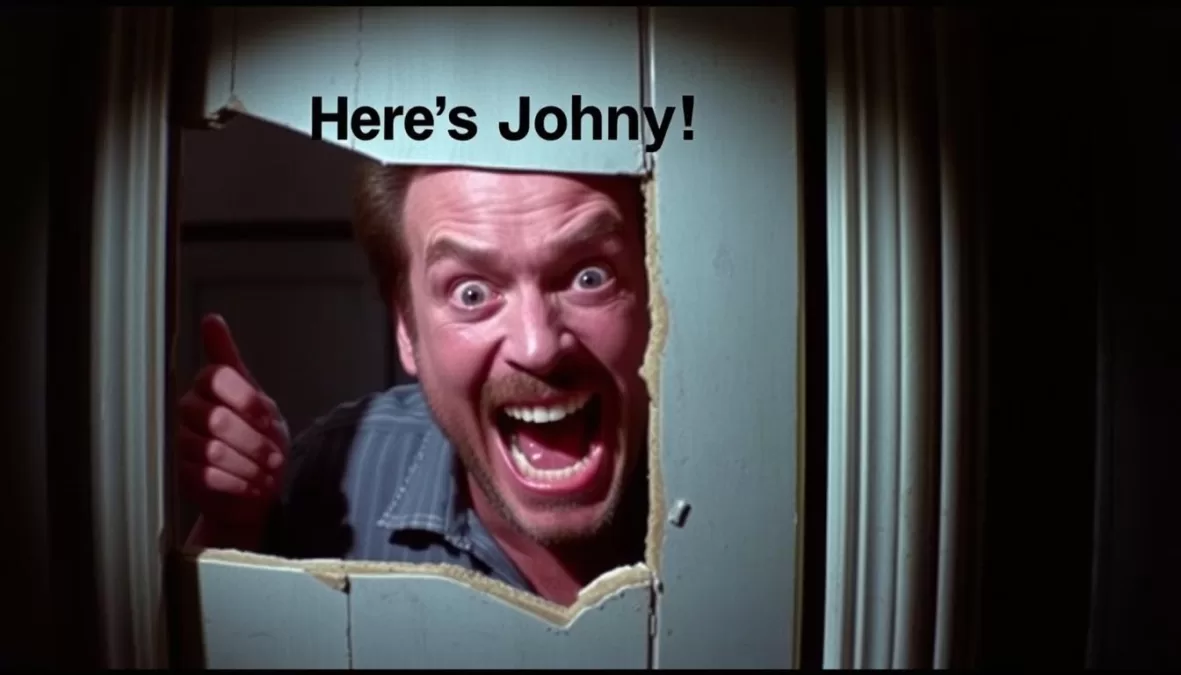 Jack Nicholson as Jack Torrance peering through the broken door with a maniacal expression