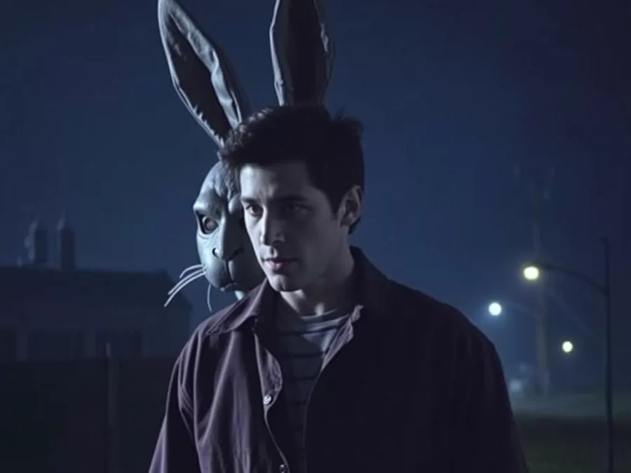 Jake Gyllenhaal as Donnie Darko with the creepy Frank rabbit figure