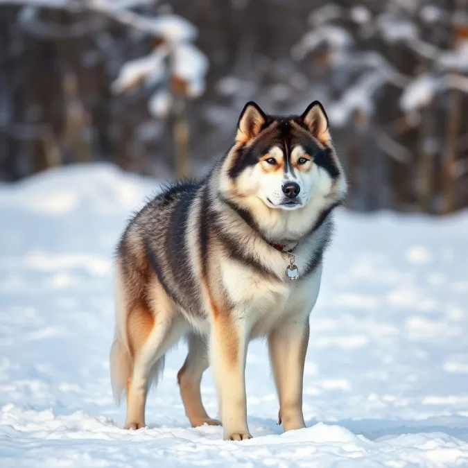 Large Alaskan Malamute with thick coat in a winter setting