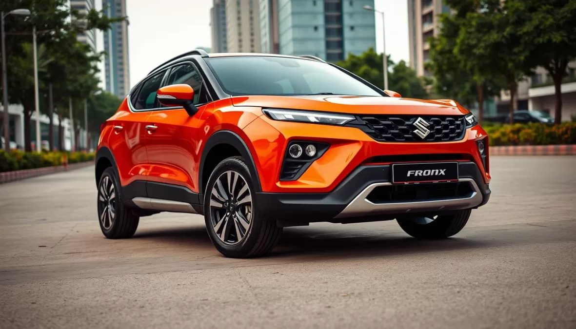 Maruti Suzuki Fronx crossover in orange color showing its coupe-SUV design, featured in top 10 cars under 10 lakhs in India
