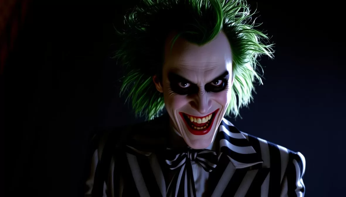 Michael Keaton as Beetlejuice in his iconic black and white striped suit