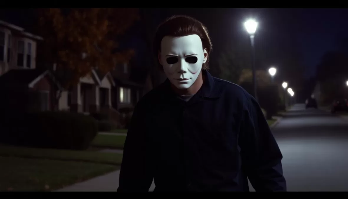 Michael Myers in his iconic white mask stalking through the shadows in Halloween (1978)
