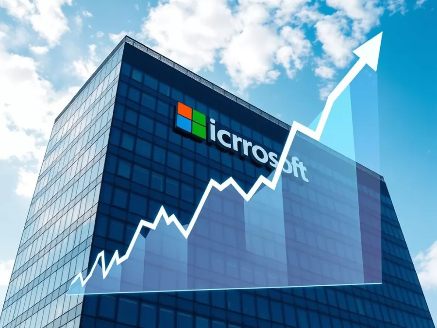 Microsoft headquarters with stock chart overlay showing growth trends for October 2025