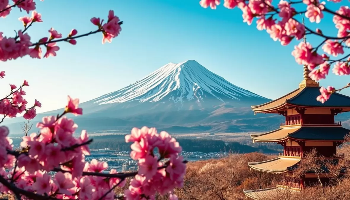 Mount Fuji with cherry blossoms in foreground, Japan