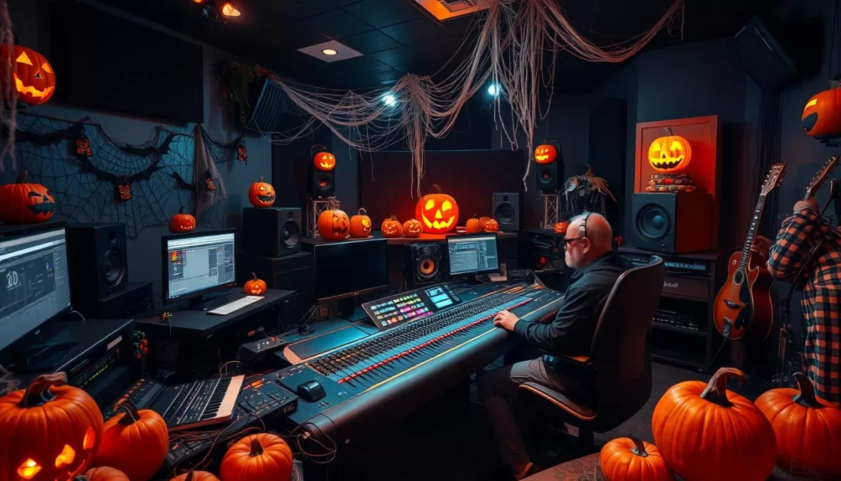 Music studio with Halloween decorations and producers creating top 10 halloween songs 2025