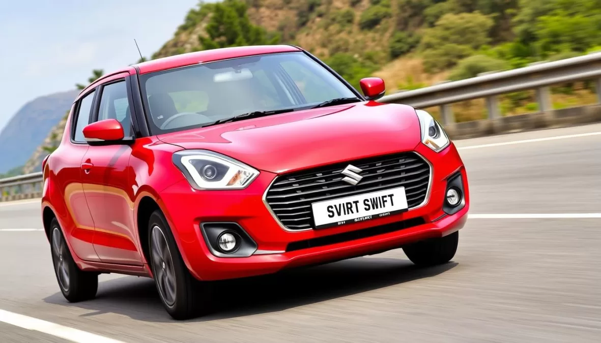 New Maruti Suzuki Swift in red color on a highway, a popular choice among top 10 cars under 10 lakhs in India