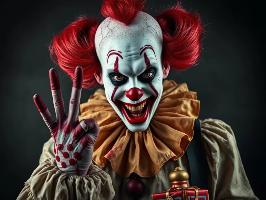 Nightmare Clown costume with distorted features and blood-stained costume