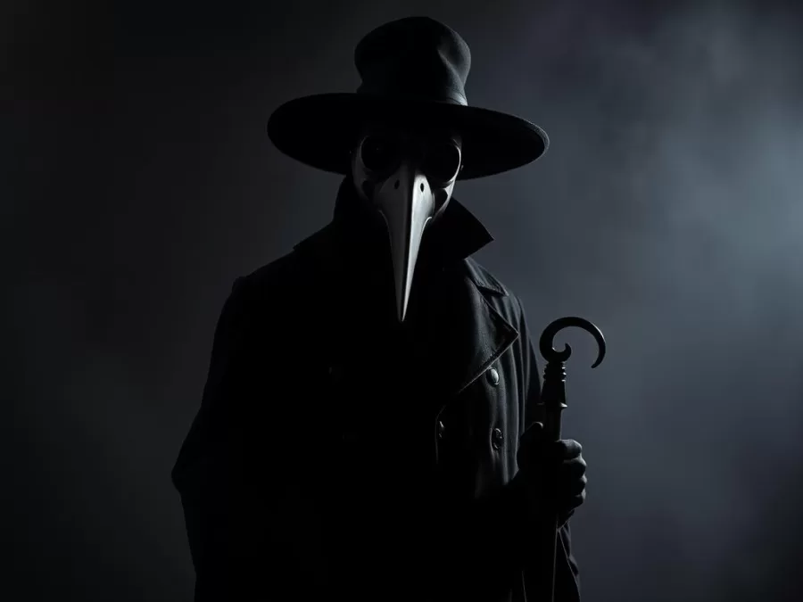 Plague Doctor costume with beaked mask and long black coat