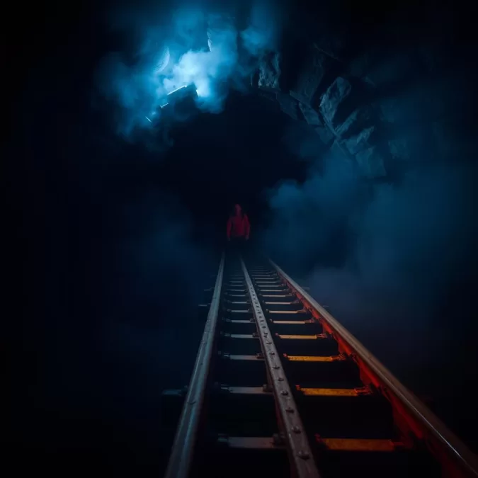Roller coaster with psychological fear elements including darkness and theming
