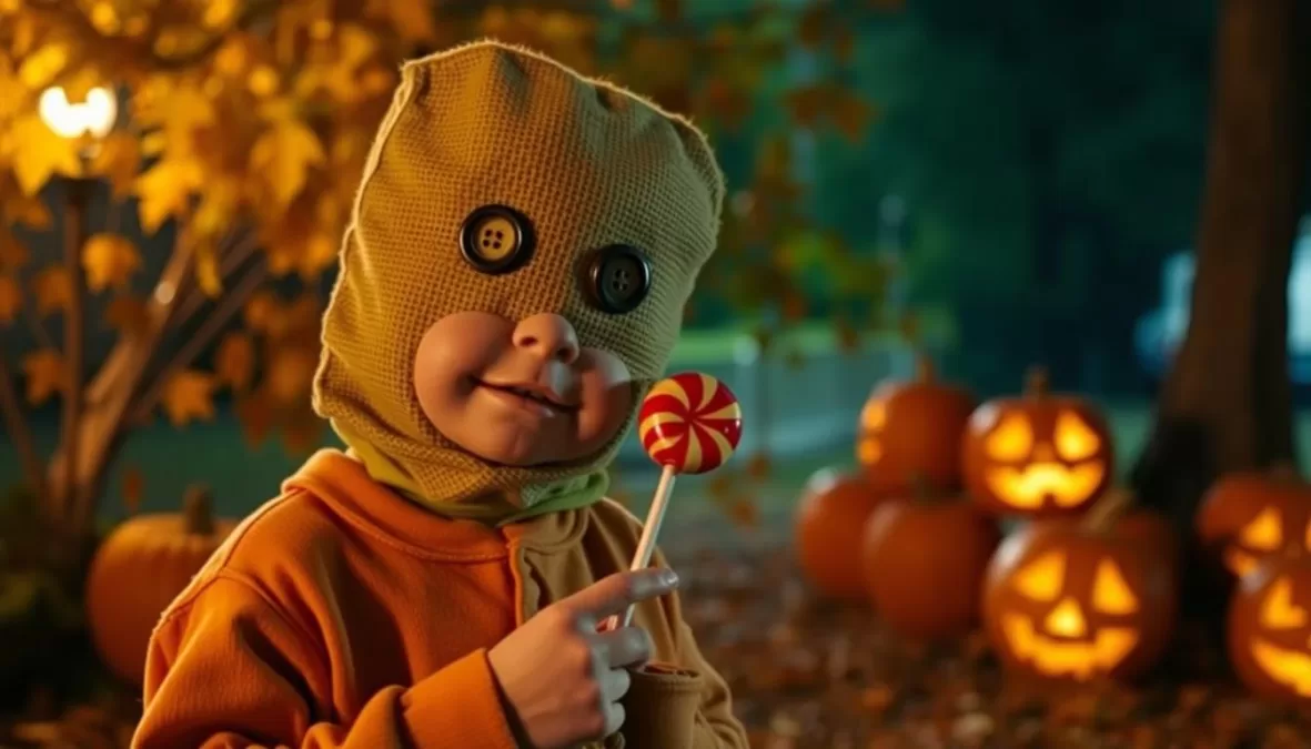 Sam, the iconic character from Trick 'r Treat with his burlap sack mask and orange pajamas