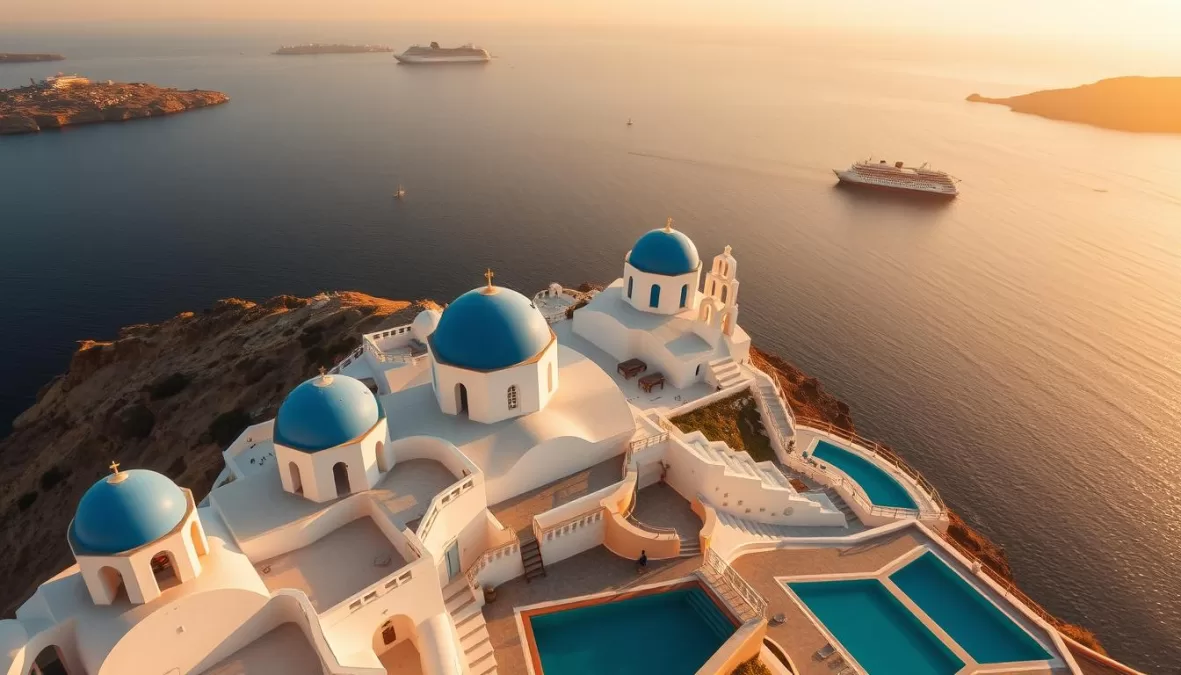 Santorini with white buildings and blue domes overlooking Aegean Sea
