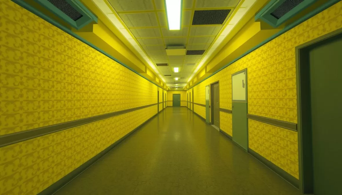 Screenshot from Apeirophobia showing a backrooms-inspired yellow hallway