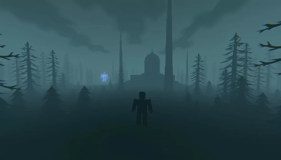 Screenshot from Bewildered showing a forest environment with mysterious elements