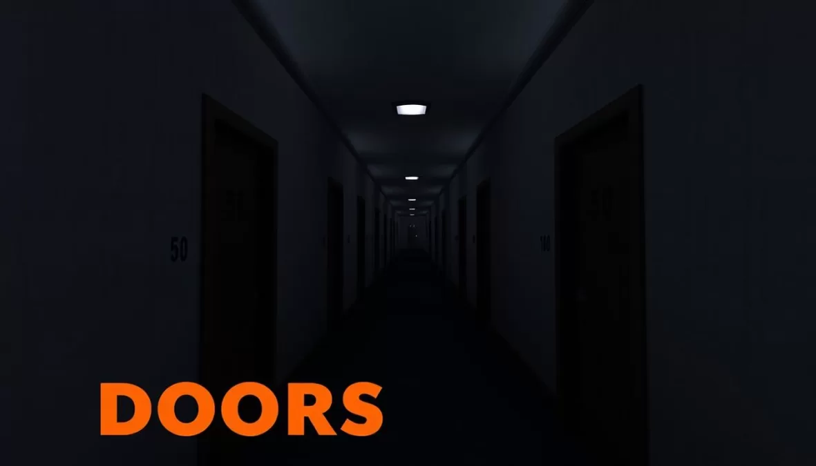 Screenshot from Doors Roblox game showing a hotel corridor with numbered doors