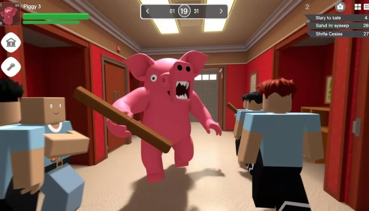Screenshot from Piggy showing the iconic pig monster chasing players
