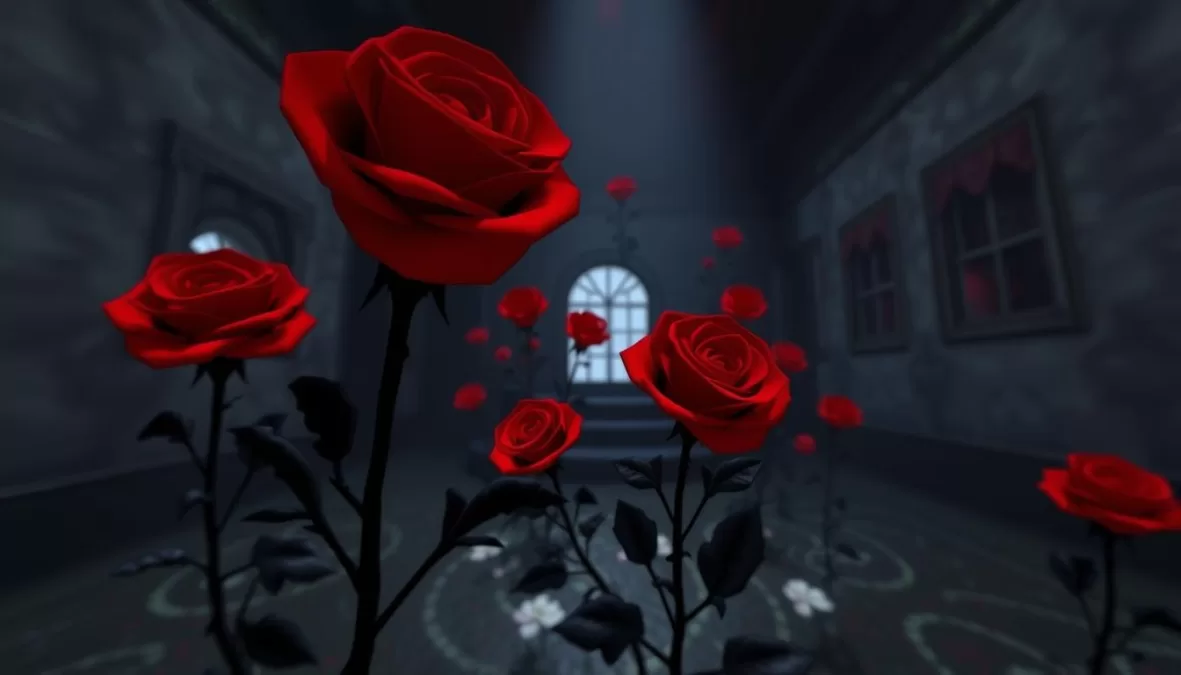 Screenshot from Roses showing a surreal horror environment with rose imagery