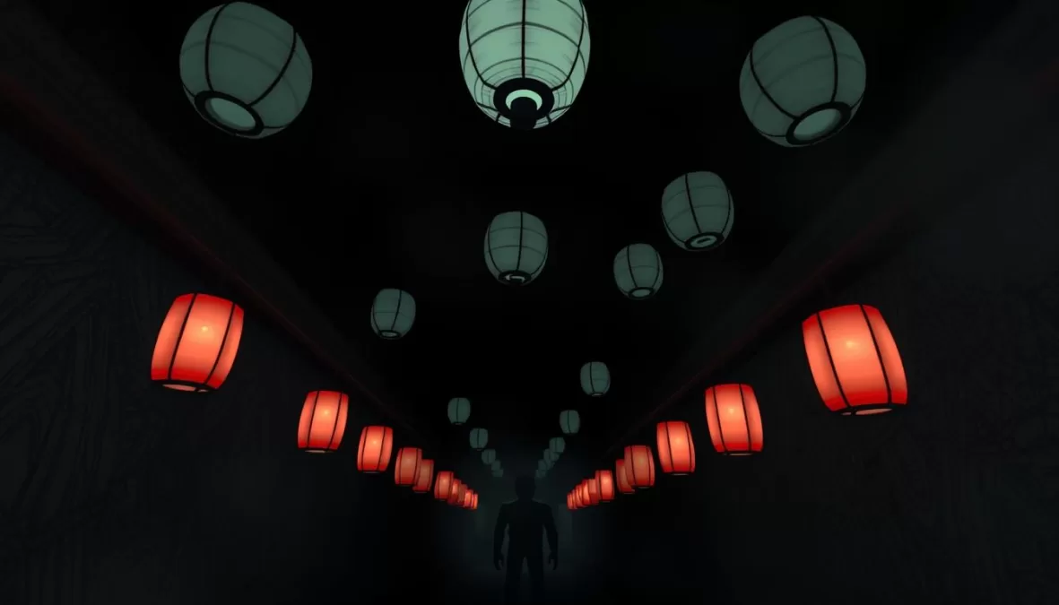 Screenshot from The Mimic Roblox game showing a dark Japanese-inspired horror setting