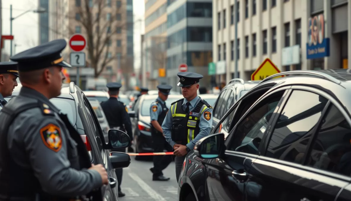 Security checkpoint with police officers checking vehicles in a high-risk urban area