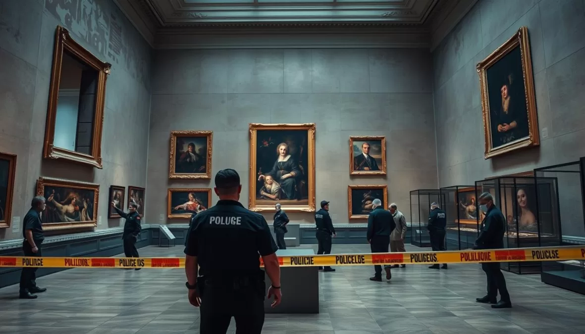 Security personnel investigating the scene of the Louvre Art Theft in October 2025, with empty frames visible where masterpieces once hung