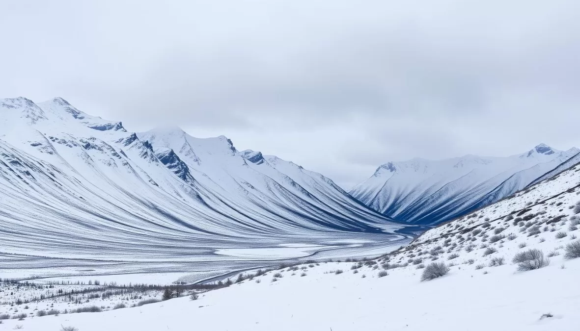 Snow-covered Ural Mountains where the Dyatlov Pass incident occurred, showing harsh winter landscape