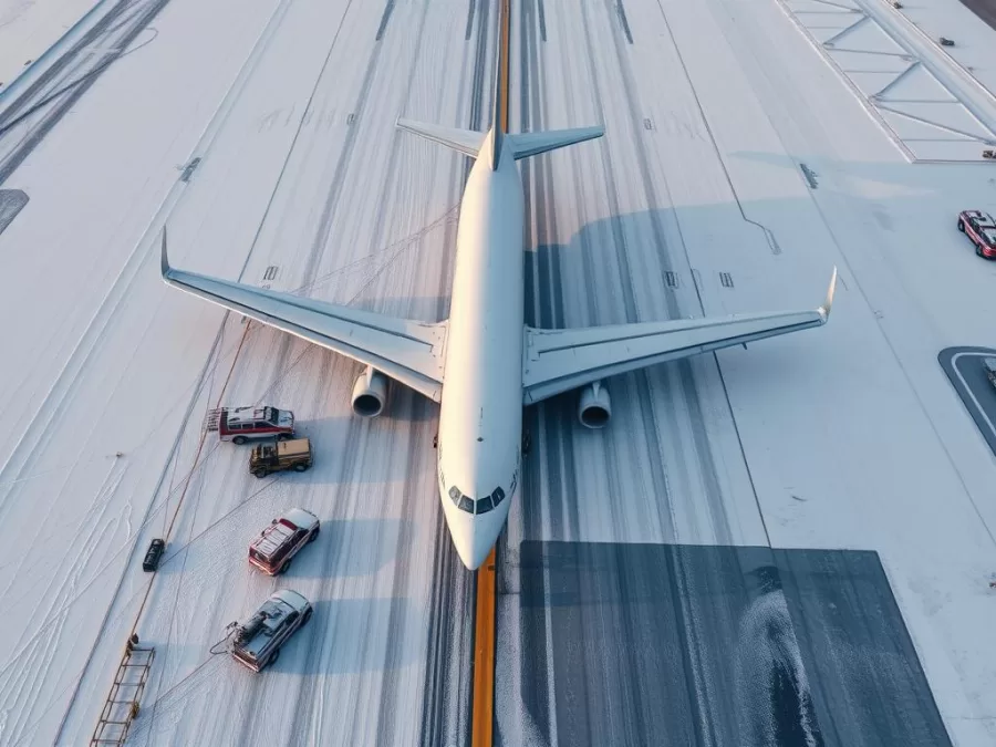 Snow-covered runway at Toronto Pearson Airport with emergency vehicles