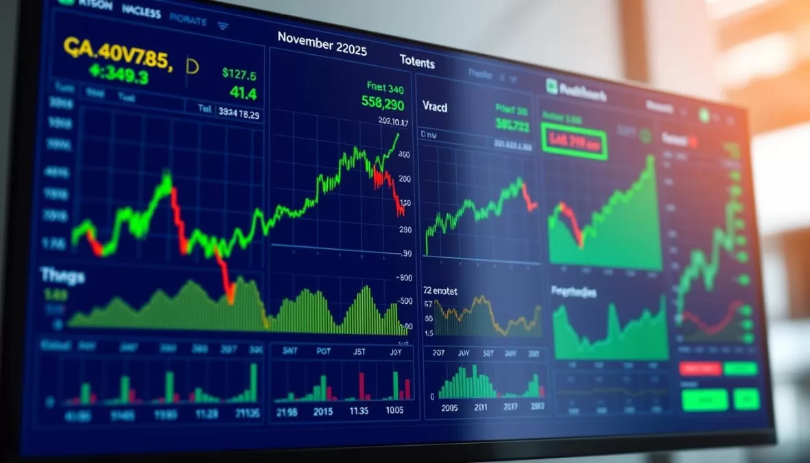 Stock market dashboard showing best stocks to buy November 2025 with upward trending charts
