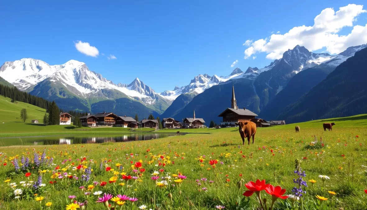 Swiss Alps with traditional village and wildflower meadow