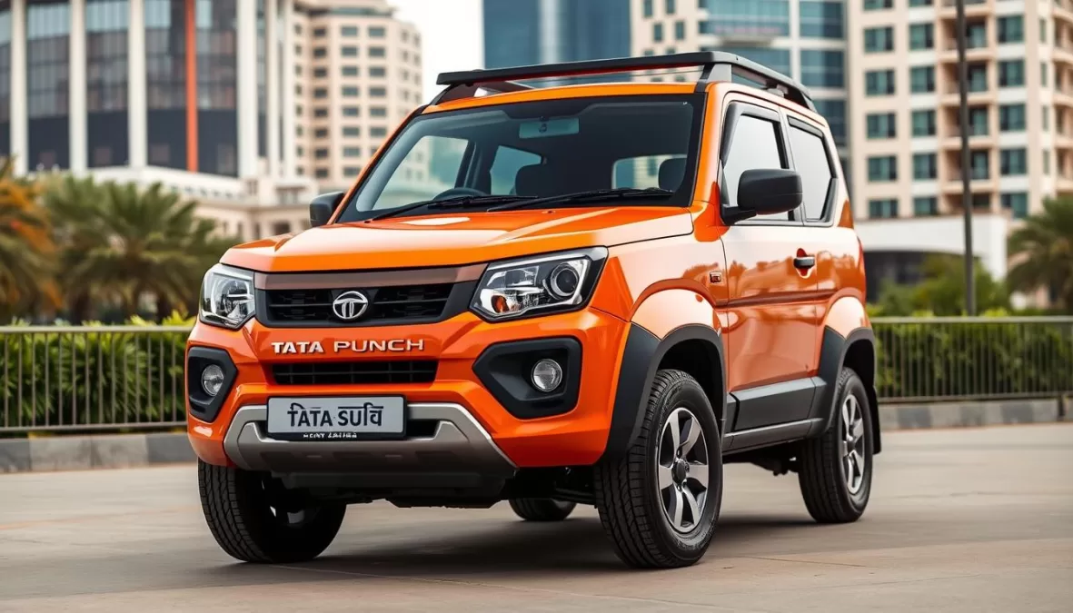 Tata Punch compact SUV in orange color parked in an urban setting, one of the top 10 cars under 10 lakhs in India