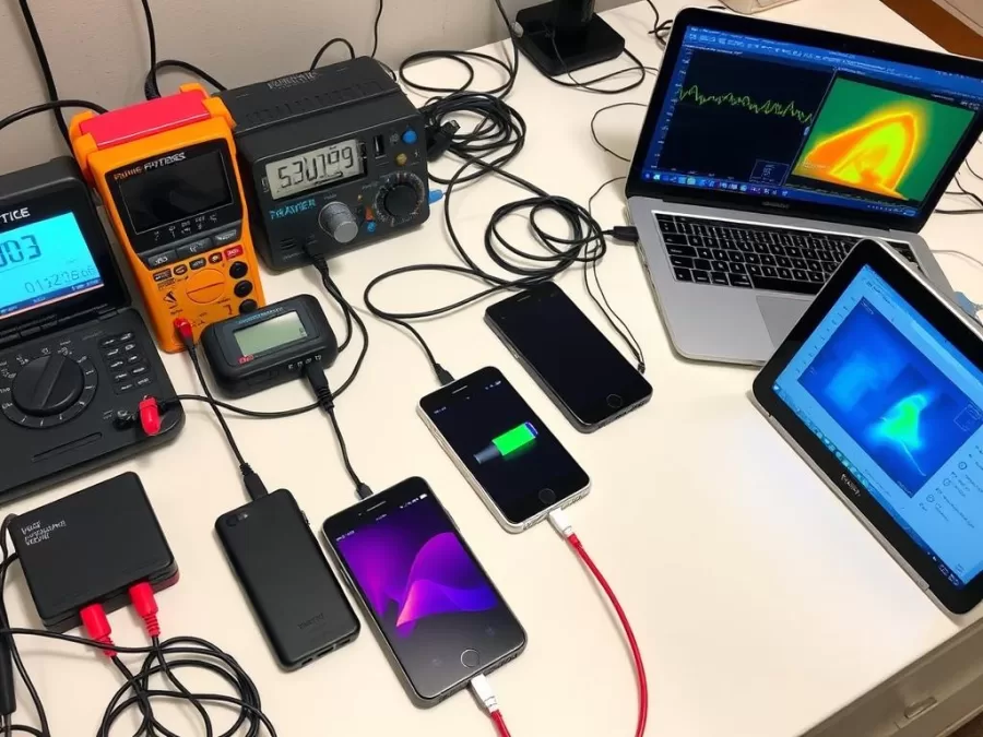 Testing setup for evaluating top 10 power banks 20000mAh India 2025 with measurement equipment