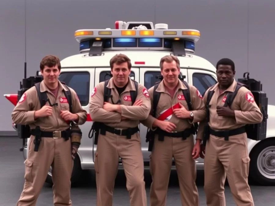 The Ghostbusters team with proton packs standing in front of the Ecto-1 vehicle