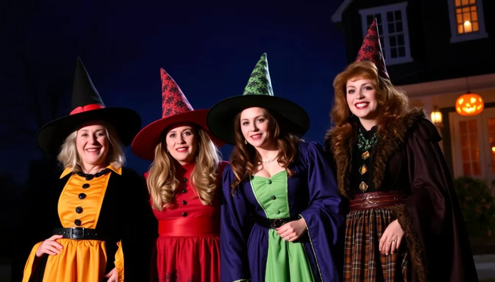 The Sanderson Sisters from Hocus Pocus standing together in their iconic witch costumes