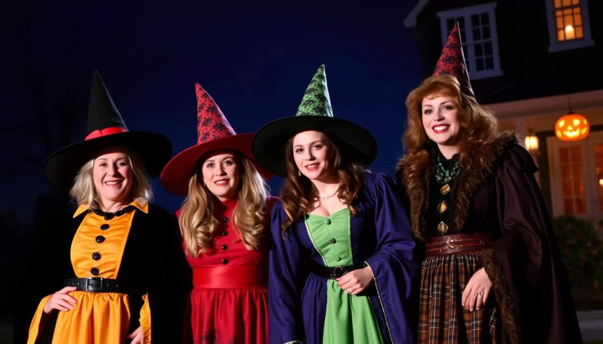 The Sanderson Sisters from Hocus Pocus standing together in their iconic witch costumes