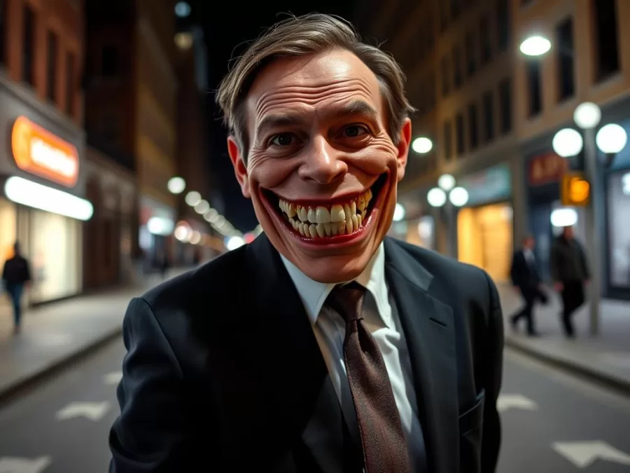 The Smiling Man costume with unnaturally wide grin and business attire